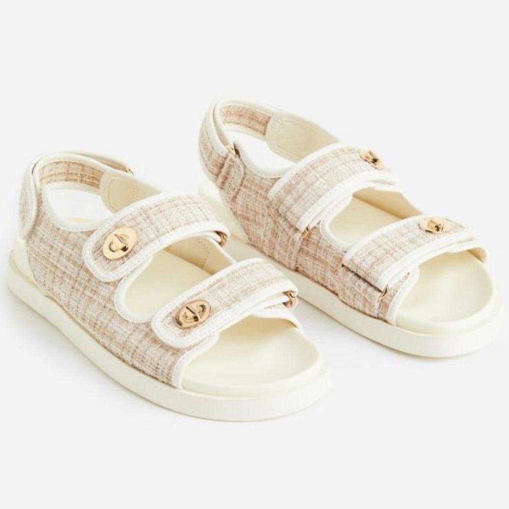 H&M Beige Tweed Strap Sandals Gold Hardware Summer Casual Slides EU 39 / US 8